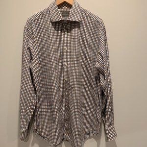 Blue & Brown Plaid, Long Sleeve, Button Up Cotton Shirt, Thomas Dean XL